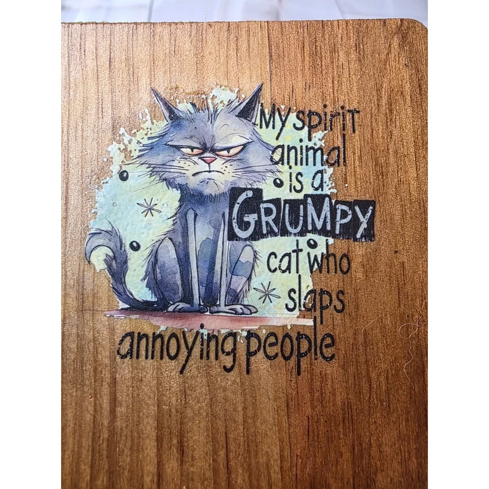 Grumpy Cat Wooden Coasters Set of 3 Snarky Humor Rustic Drink‎ Mats Brown F1